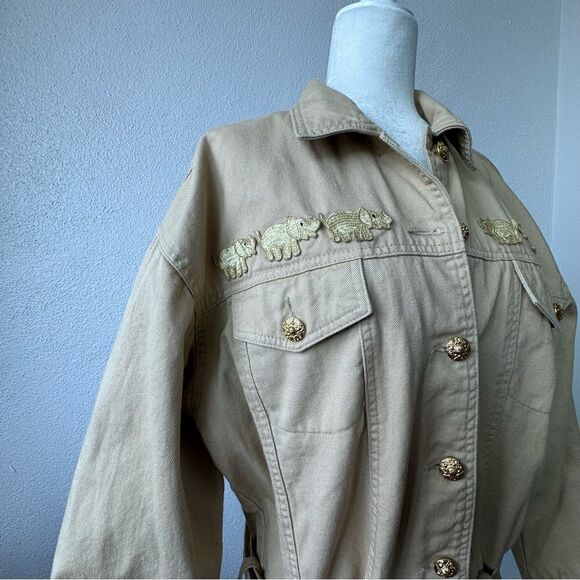 Vintage Tan Bomber Jacket 100% Cotton Women’s Embellished Belt SZ 12 - Picture 4 of 14